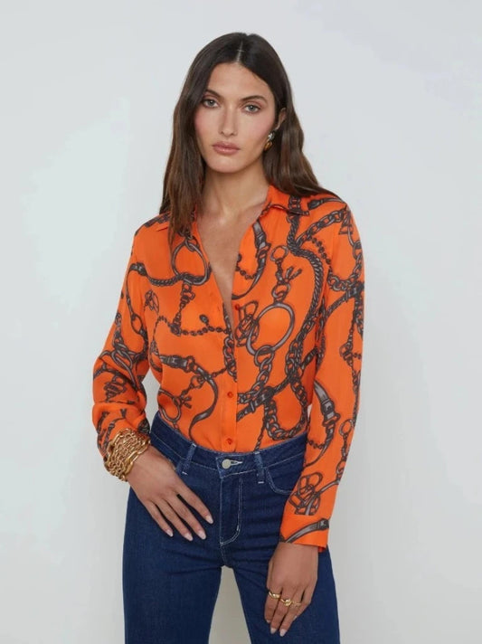 L'AGENCE - Nina L/S Blouse in Orange MLT Buckle Chain