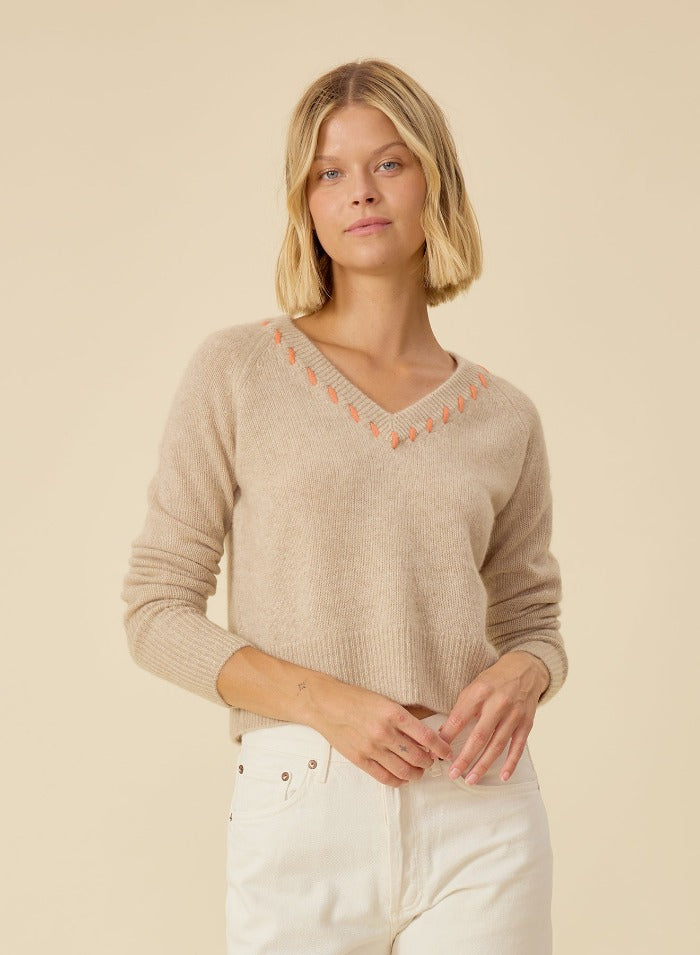 One Grey Day - Blakely Cashmere V-neck in Oatmeal Combo
