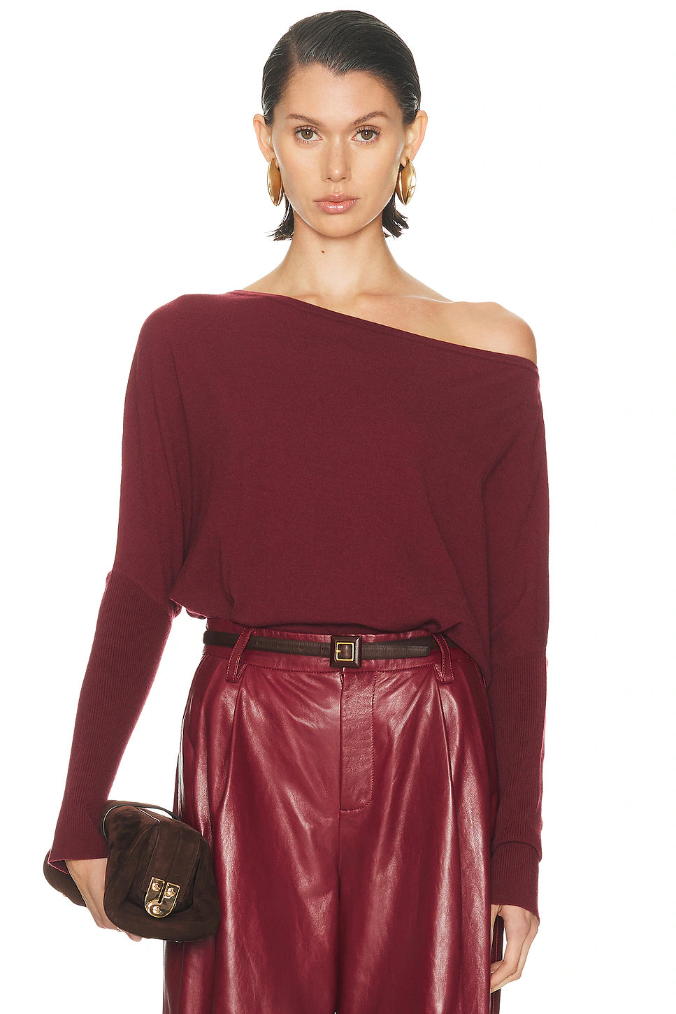 SIMKHAI - Lavina Draped Off Shoulder Sweater in Cranberry