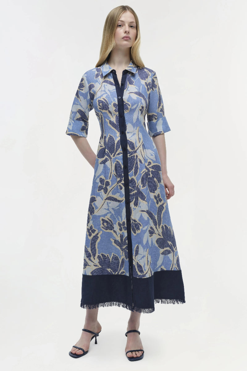 SIMKHAI - Claudine Short Sleeve Shirt Midi Dress in Blue Hydrangea Floral