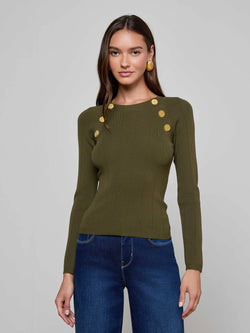 L'AGENCE - Gretchen Long Sleeve Button Pullover in Deep Olive Gold