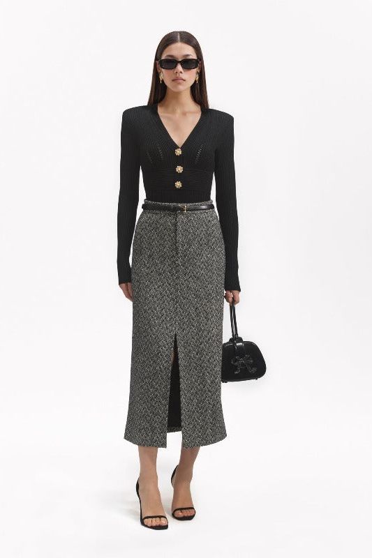 Self Portrait - Herringbone Midi Skirt in Black