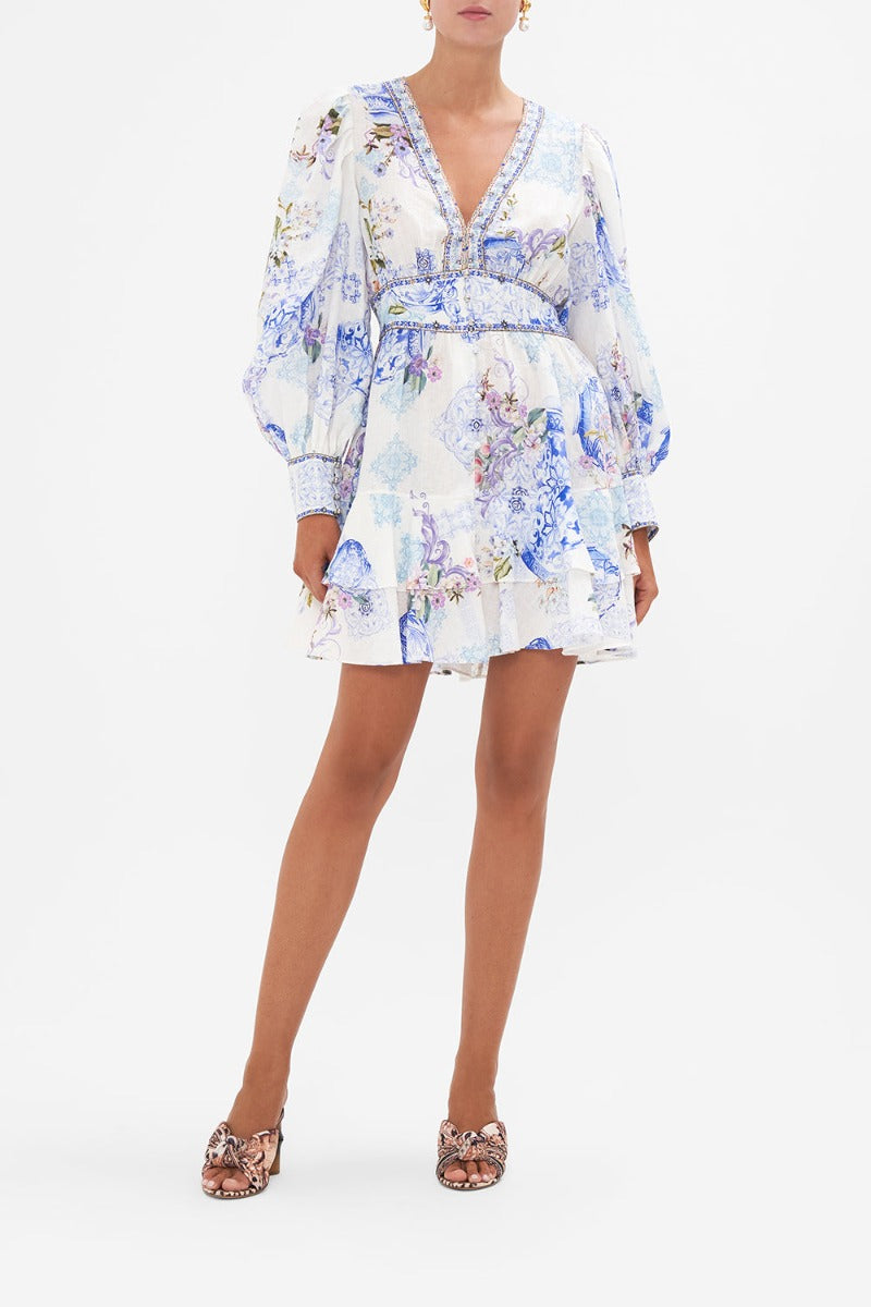 Camilla - Button Front Frill Dress in Paint Me Positano