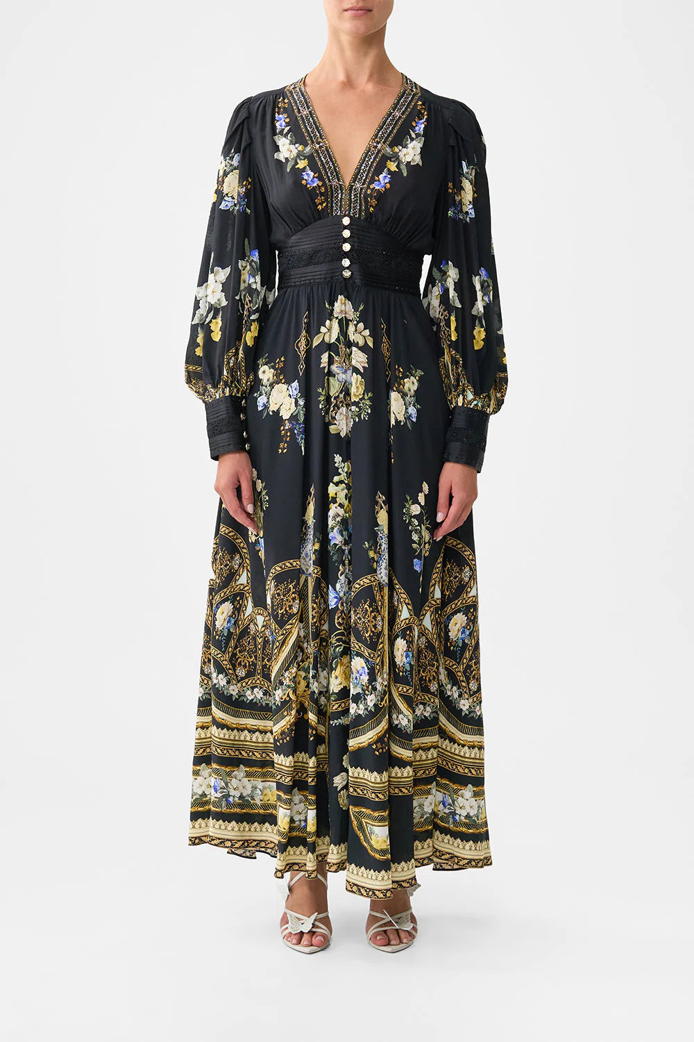 Camilla - Shaped Waistband Dress with Gathered Sleeves in Ottoman Elegance