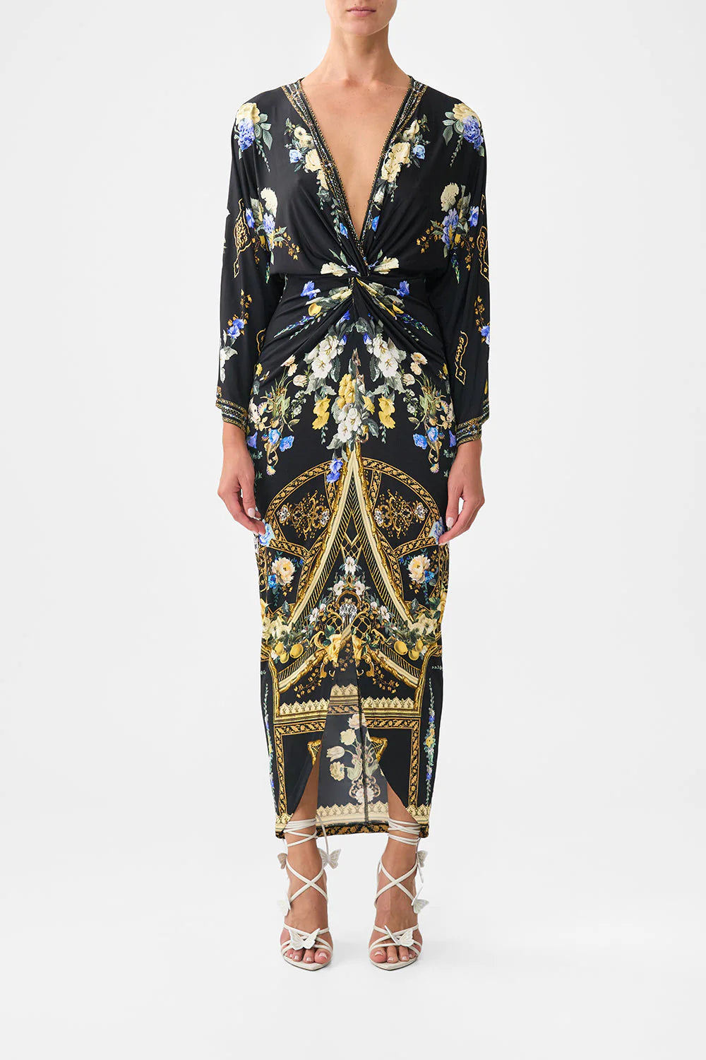 Camilla - Long Split Front Twist Dress in Ottoman Elegance