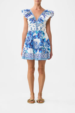 Camilla - Tiered Short Dress with Neck Frill in A Ceramic Garden