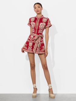 alice + olivia - Lucy Roll Sleeve Button Down Romper in Serenade Dark Cherry