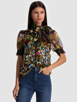alice + olivia - Brentley Tie Neck Puff Sleeve Blouse in Social Hour Black