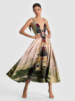 alice + olivia - Hana V Neck Twist Tie Strap Midi Dress in Forbidden Dress