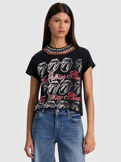 alice + olivia - Maxie Embellished Cropped Band Tee in Black Multi