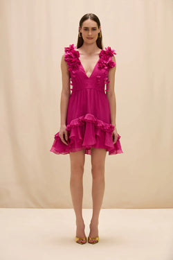 PatBo - Chiffon Carmen Flowers Mini Dress in Pink