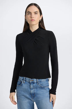 Derek Lam 10 Crosby - Krini Wrap Lomg Sleeve Neck Matte Jersey Top in Black