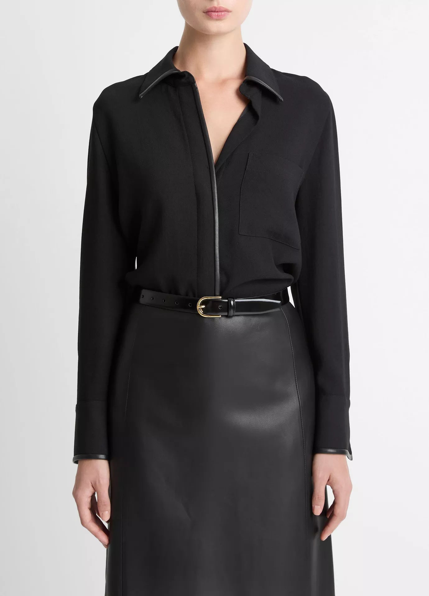 vince. - Long Sleeve Blouse with Faux Leather in Black