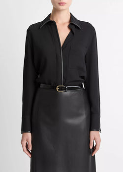 vince. - Long Sleeve Blouse with Faux Leather in Black