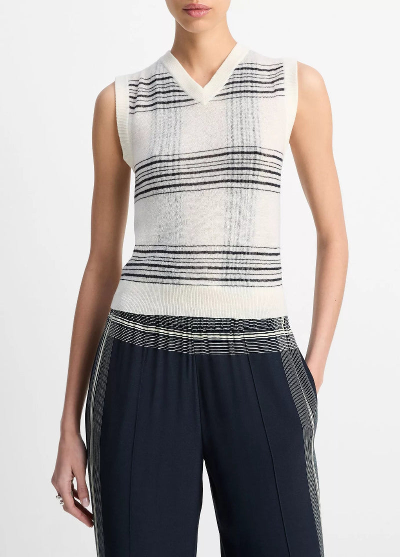 Vince. - Plaid V Neck in Off White Coast