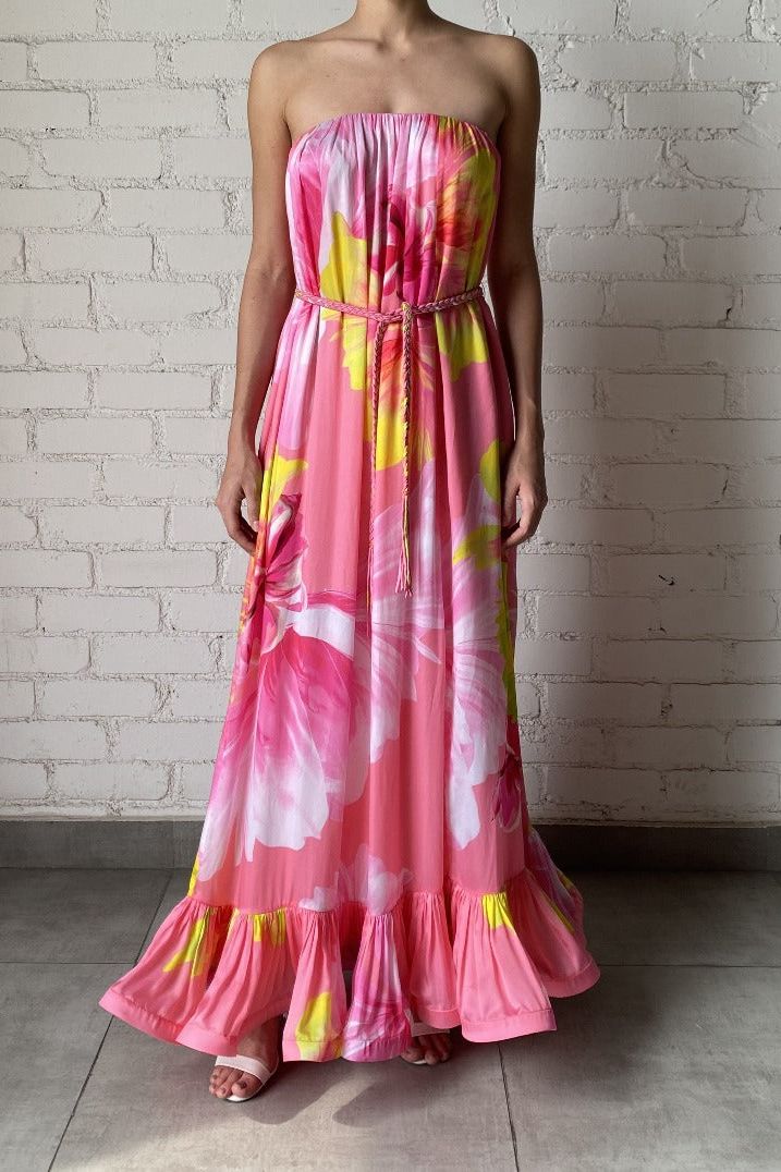 Hemant & Nandita - Long Dress with Braided Belt in Pink Floral