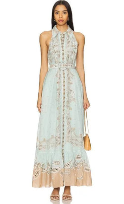 Hemant & Nandita - Linen Long Shirt Dress with Buckle Belt in Blue Brown