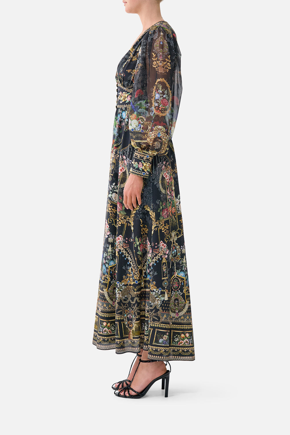 SHAPED WAISTBAND DRESS WITH GATHERED SLEEVES