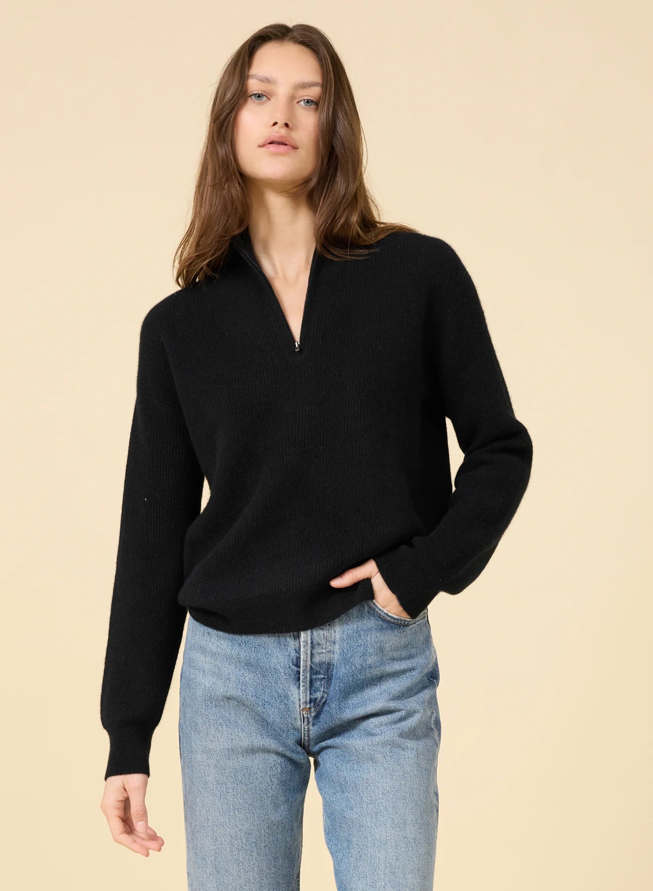 One Grey Day - Colorado Half-Zip Cashmere Pullover in Black
