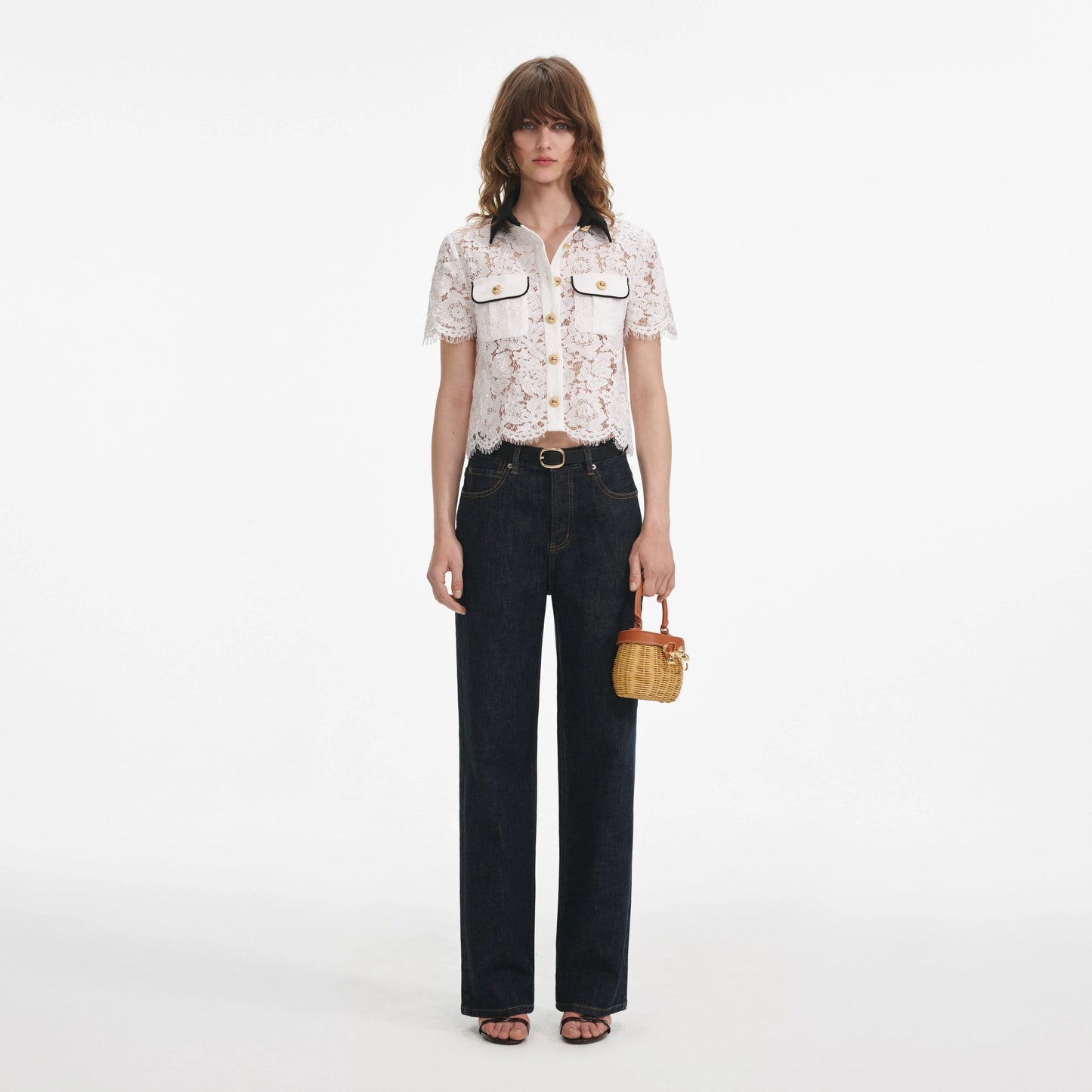 Self-Portait - Lace Contrast Collar Top in White