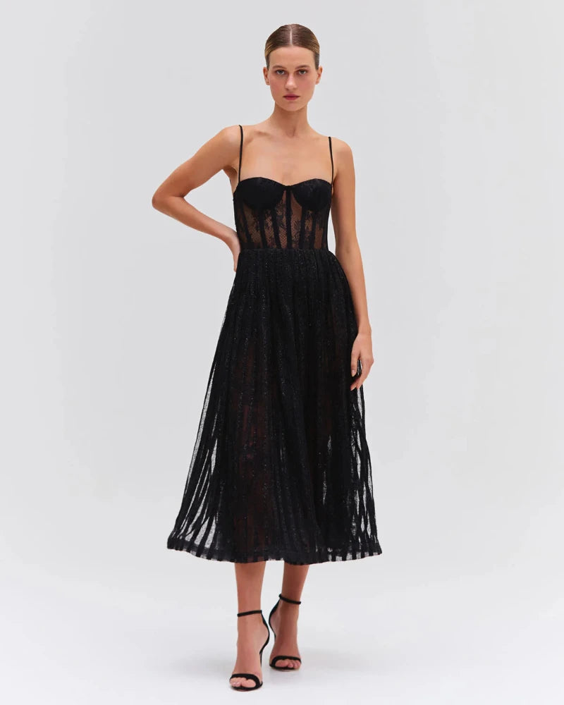 PatBo - Lurex Tulle Bustier Midi Dress in Black