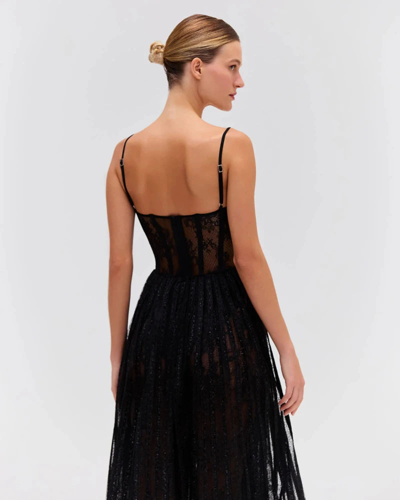 PatBo - Lurex Tulle Bustier Midi Dress in Black