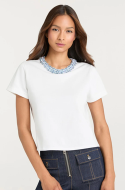 Cinq à Sept - Rhinestone Border Shrunken Tee in White Bluebell