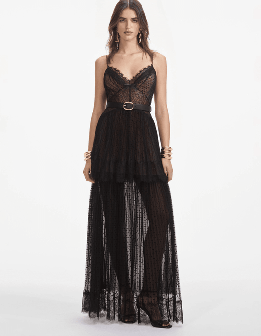 Self-Portrait - Black Dot Mesh Tiered Maxi Dress in Black