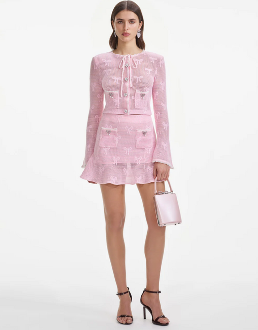 Self-Portrait - Pink Bow Crochet Mini Skirt in Pink