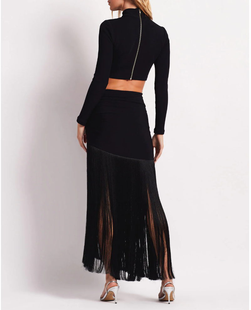 PatBo - Knit Fringe Trim Midi Skirt in Black