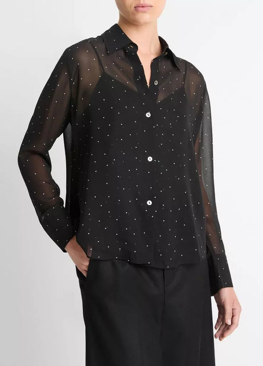 Vince. - Sheer Dot Blouse With Lace Trim Cami in Black Grey