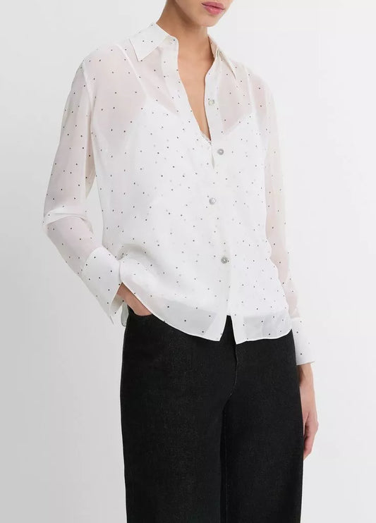 Vince. - Sheer Dot Blouse with Lace Trim Cami in Off White