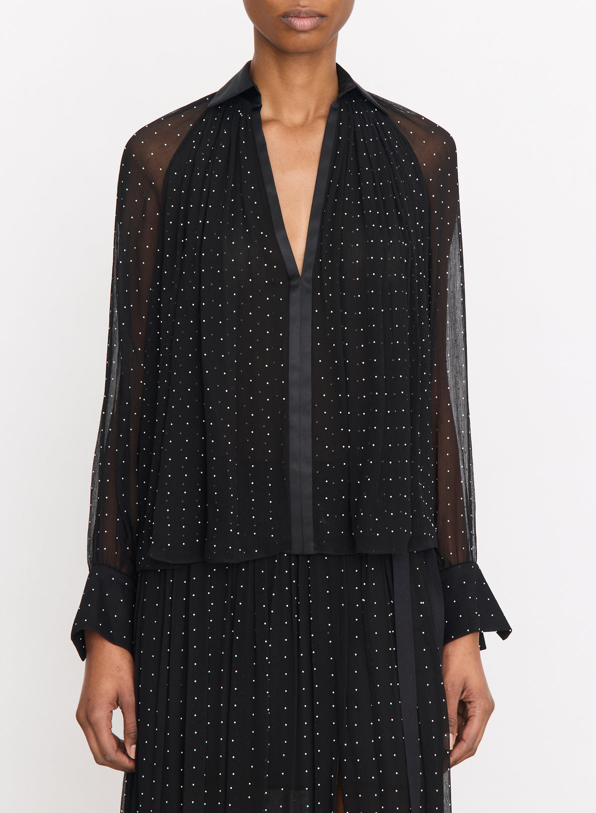 HEAT SET DOT SHEER GATHERED BLOUSE