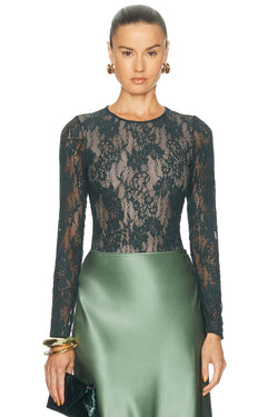 Zimmermann - Long Sleeve Lace Bodysuit in Bottle Green