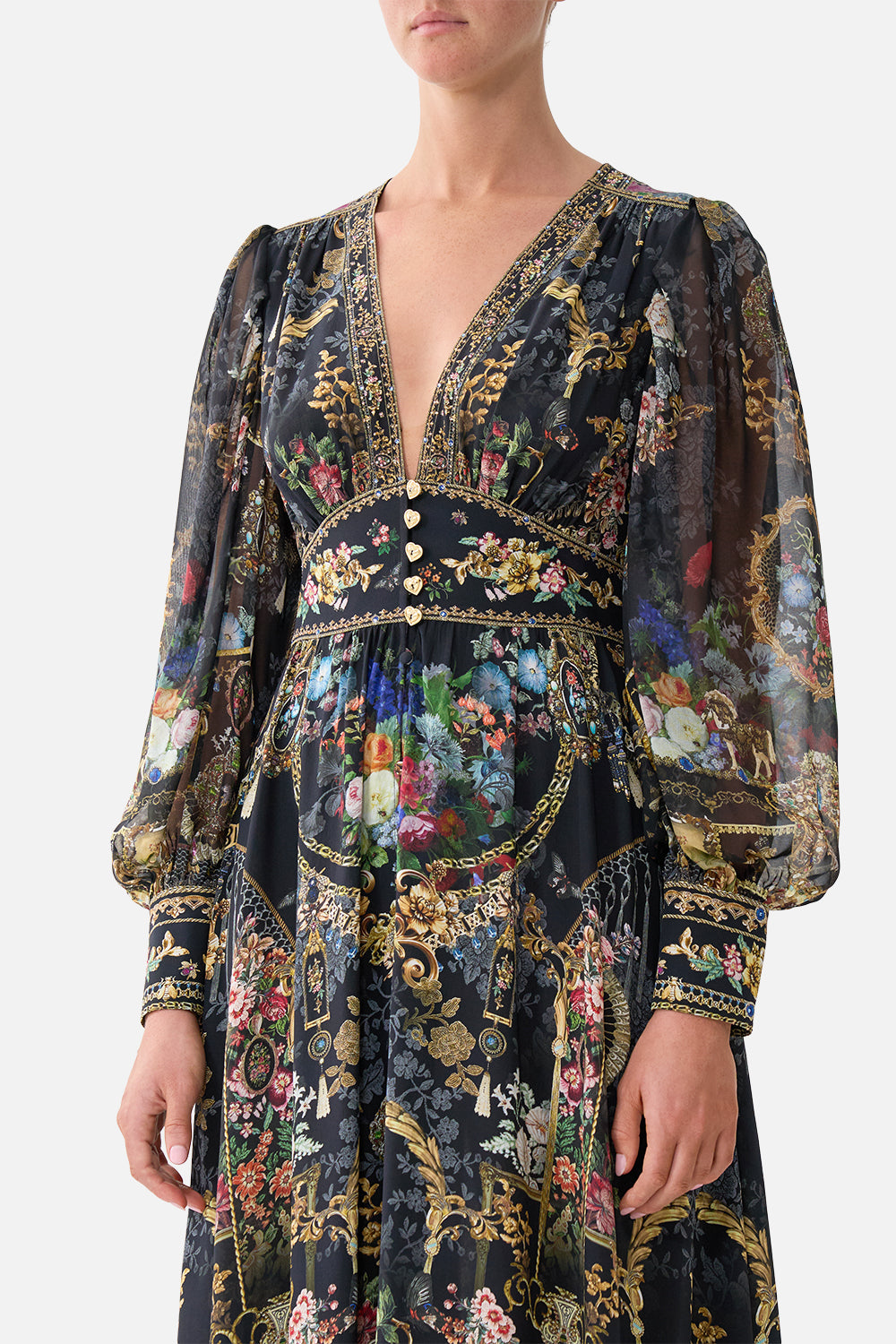 SHAPED WAISTBAND DRESS WITH GATHERED SLEEVES