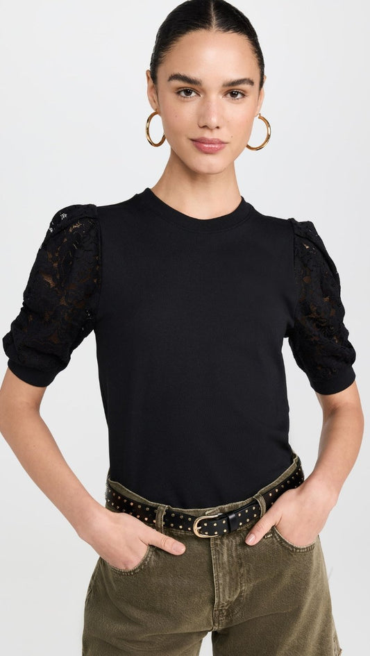 FRAME - Lace Sleeve Frankie Tee in Black