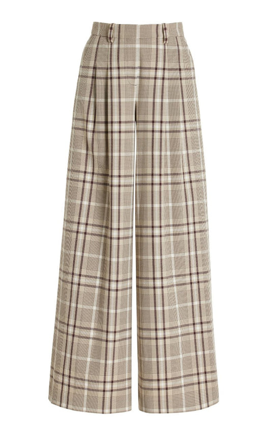 SIMKHAI - Leroy Pleated Wide Leg Pant in Sand Plaid