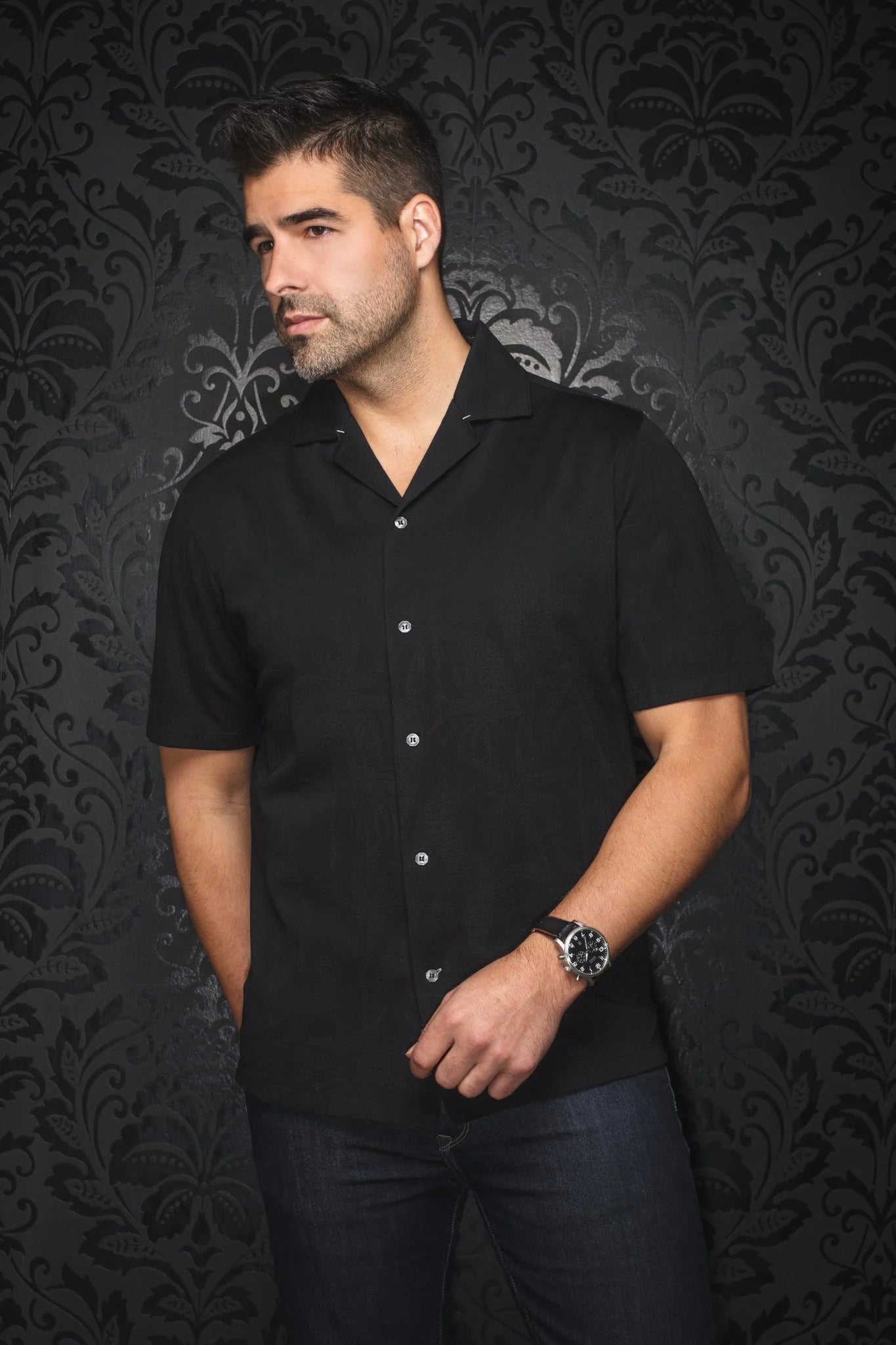 Au Noir - Men's Brahea Short Sleeve Flat Collar Shirt in Black