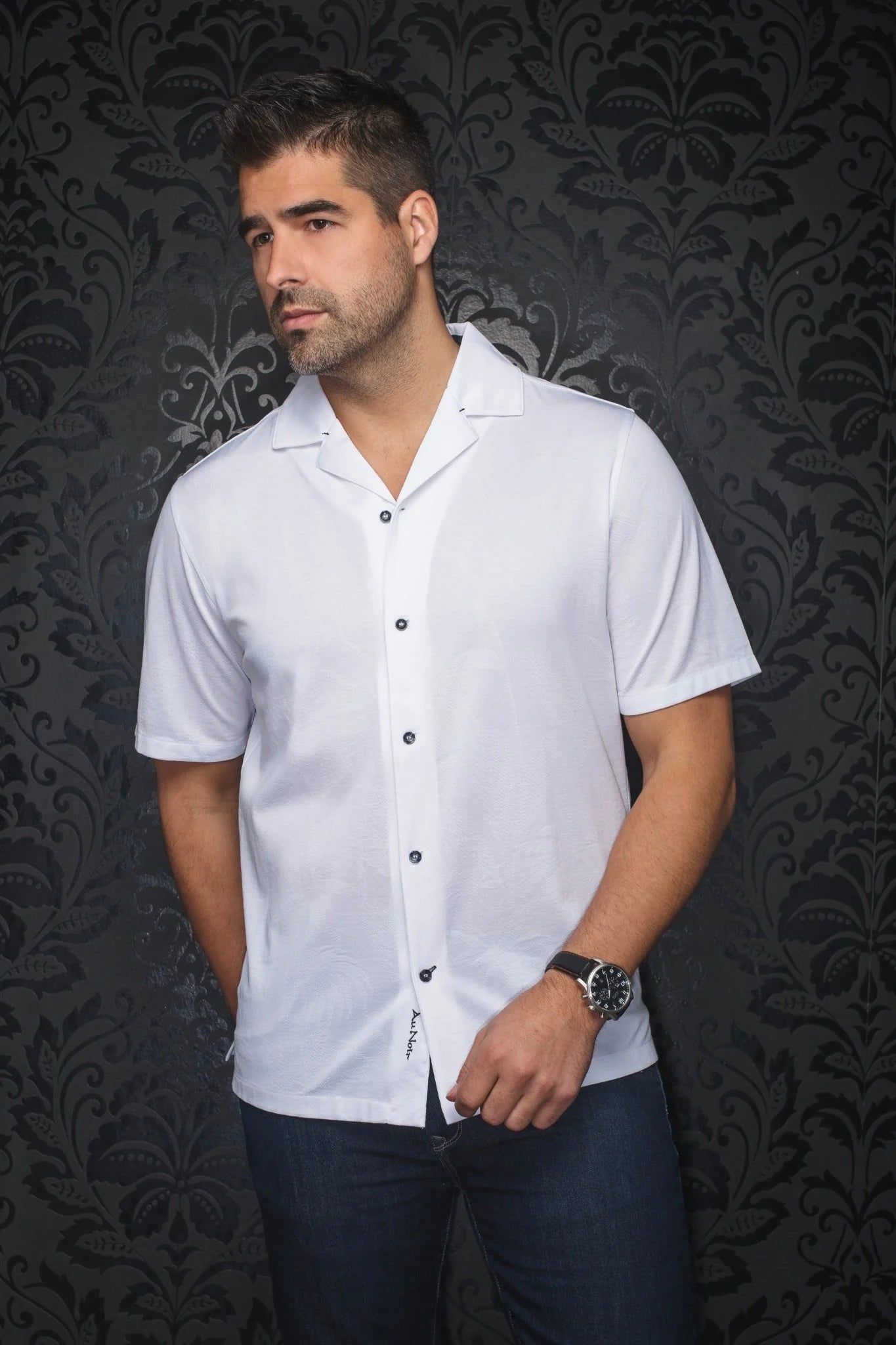 Au Noir - Men's Brahea Short Sleeve Flat Collar Shirt in White