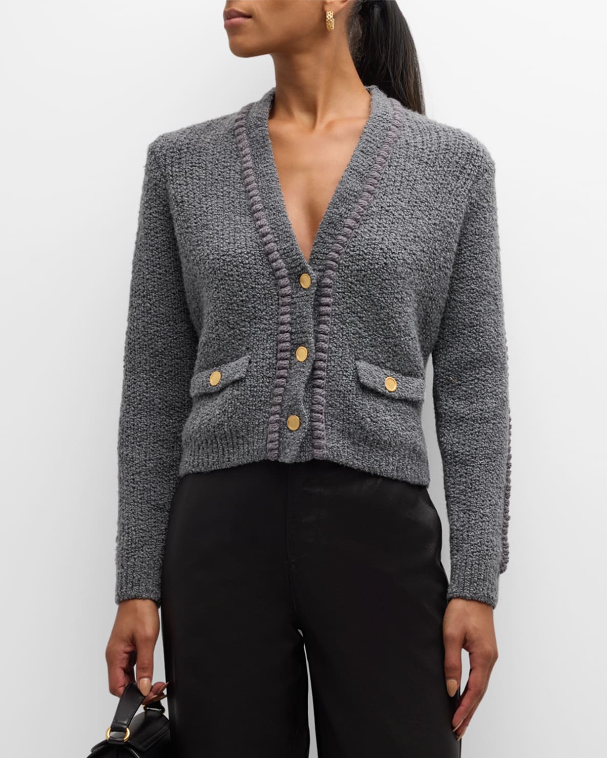 FRAME - Double Pocket Cropped Cardigan in Pewter