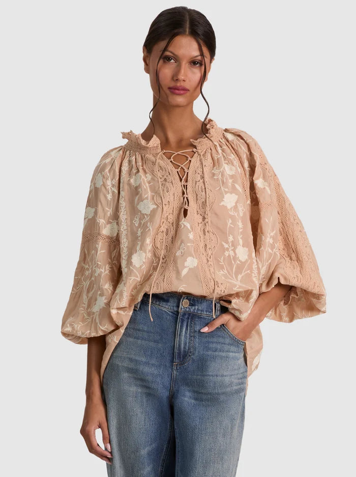 alice + olivia - Norah Embroidered Blouse in Almond Vanilla