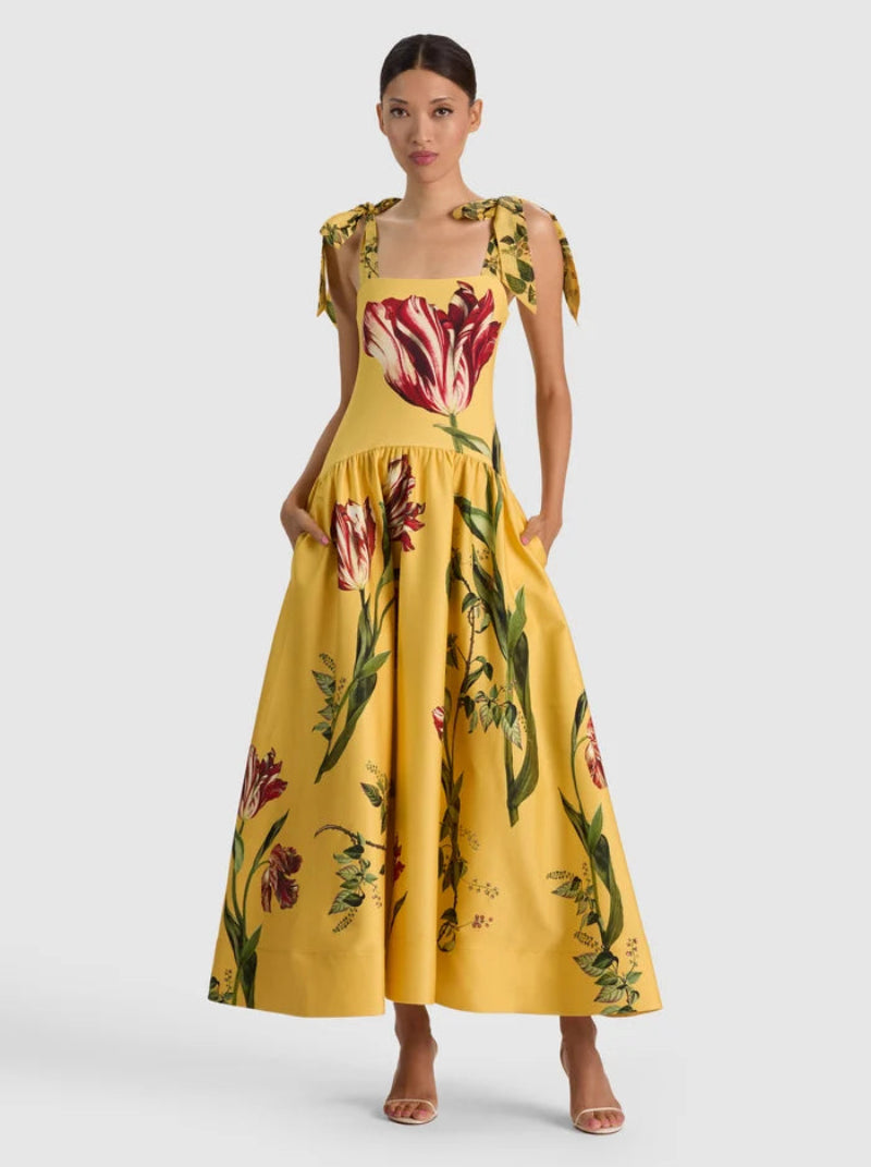alice + olivia - Oriana Tie Strap Drop Waist Full Midi Dress in Soft Tulip Tuscany