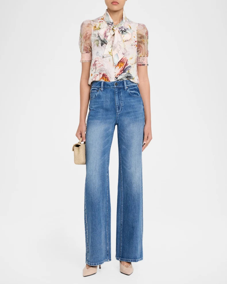 alice + olivia - Brentley Tie Neck Puff Sleeve in Sweet Peony