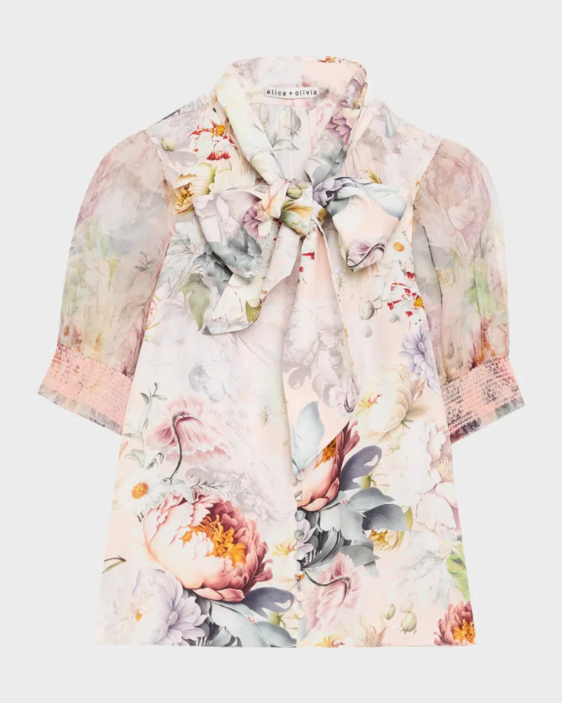 alice + olivia - Brentley Tie Neck Puff Sleeve in Sweet Peony