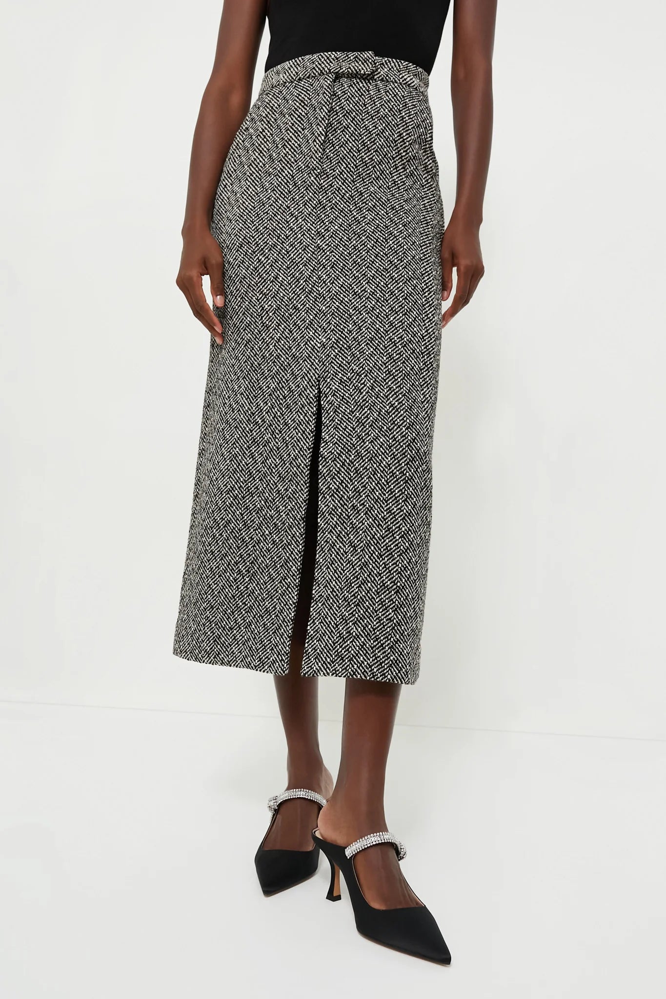 Self Portrait - Herringbone Midi Skirt in Black