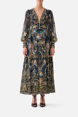 SHAPED WAISTBAND DRESS WITH GATHERED SLEEVES